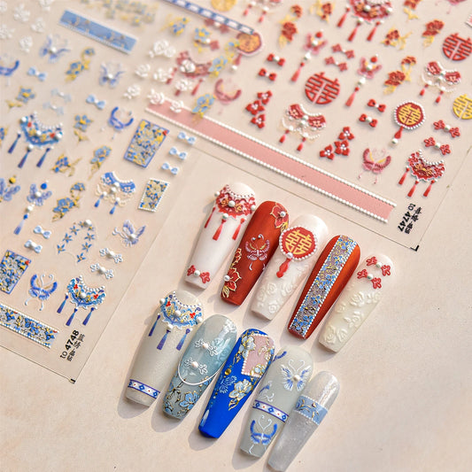 Yunjin Brocade Nail Art Stickers: Butterfly, Flower, Rhinestone