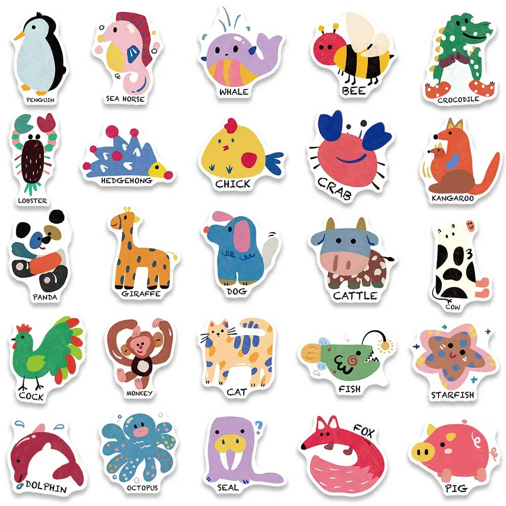 50pcs Vinyl Laptop Decals Cute Cartoon Animals Waterproof Graffiti For Luggage Phone Guitar Bicycle Car Stickers Kids Toy