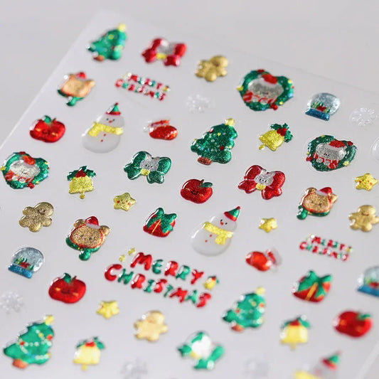 3D Christmas Nail Art Stickers: Snowman, Santa, Tree, Stars