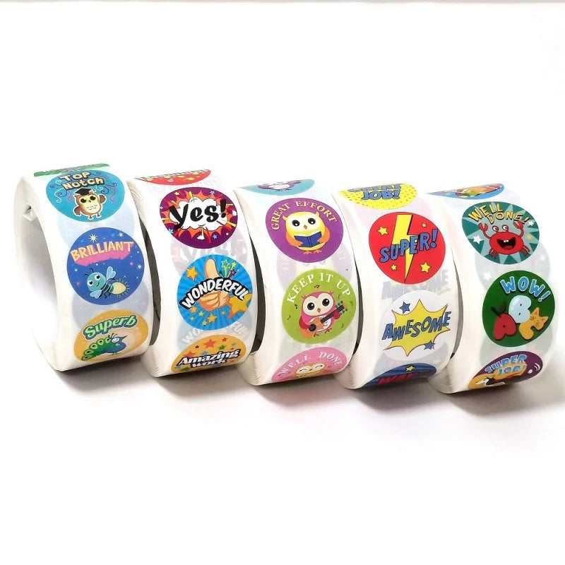 500 Pcs/Roll English Cartoon Animal Stickers Teacher Reward Students Stickers Self-adhesive Stationery Stickers