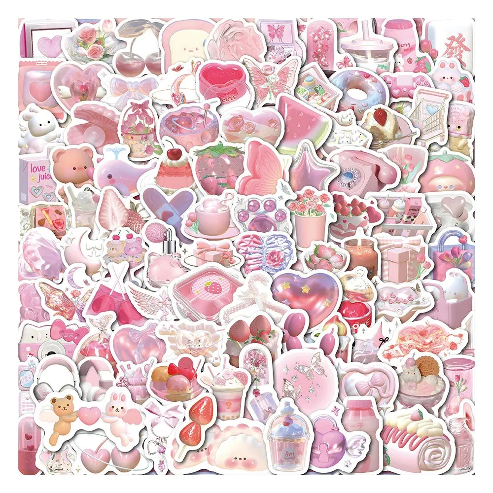 Kawaii 3D Pink Stickers Cute Cartoon Decals for Diary, Phone, Laptop, Water Bottle, Stationery (10/30/50/100pcs)