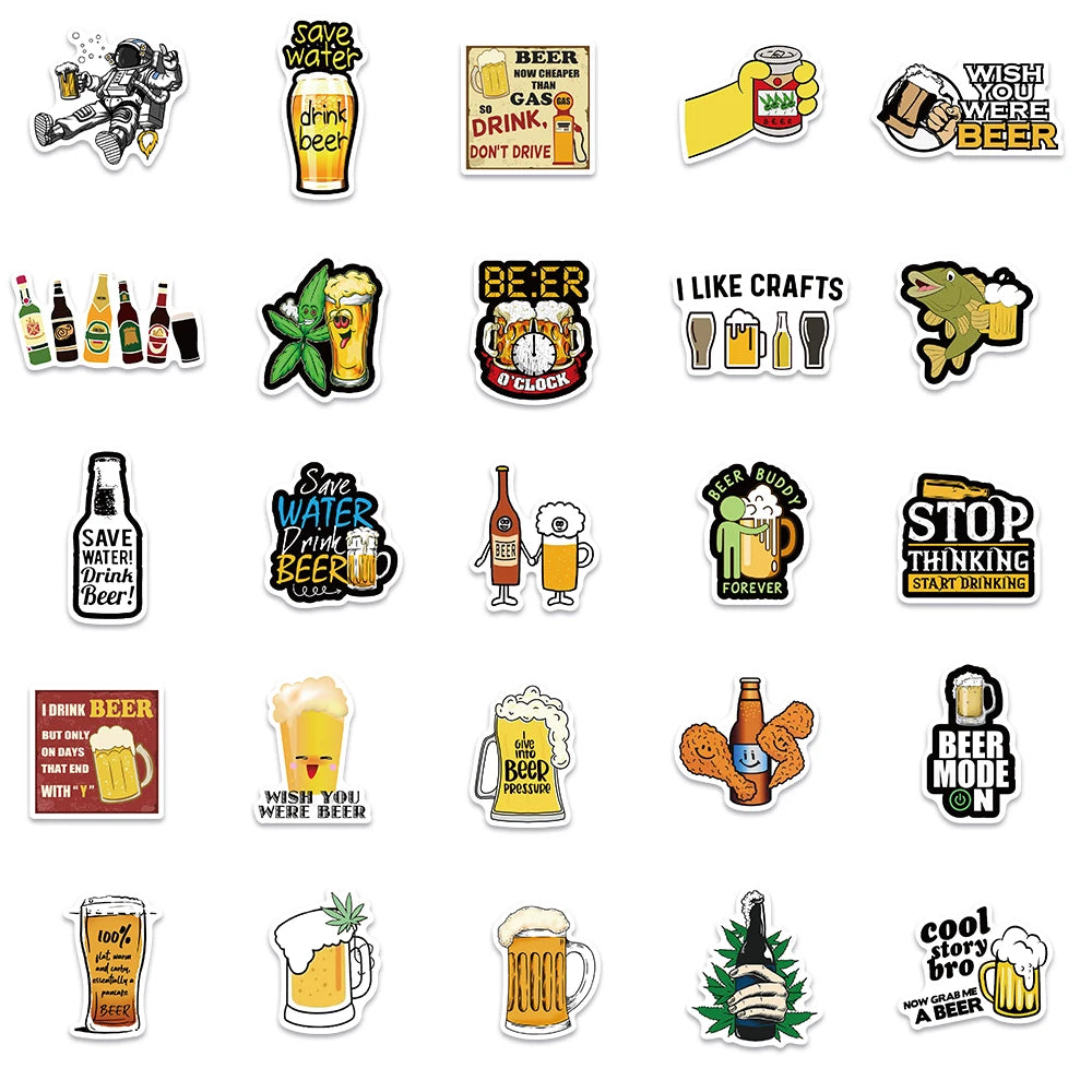 50pcs Funny Cartoon Beer Stickers For Luggage Guitar Phone Skateboard Vinyl Waterproof Graffiti Car Laptop Decals