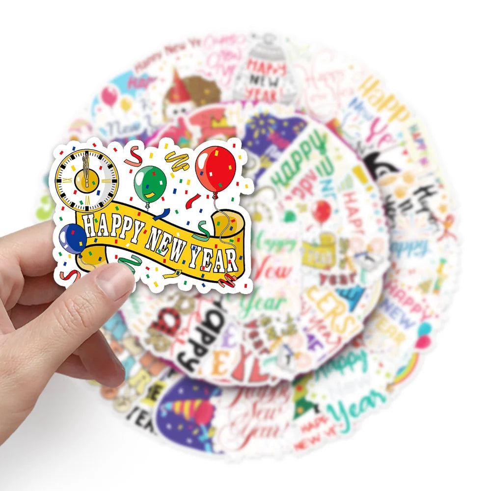 50PCS Cute Happy New Year Stickers DIY Scrapbook Diary Stationery Luggage Decorative Cartoon Sticker Kids Toys