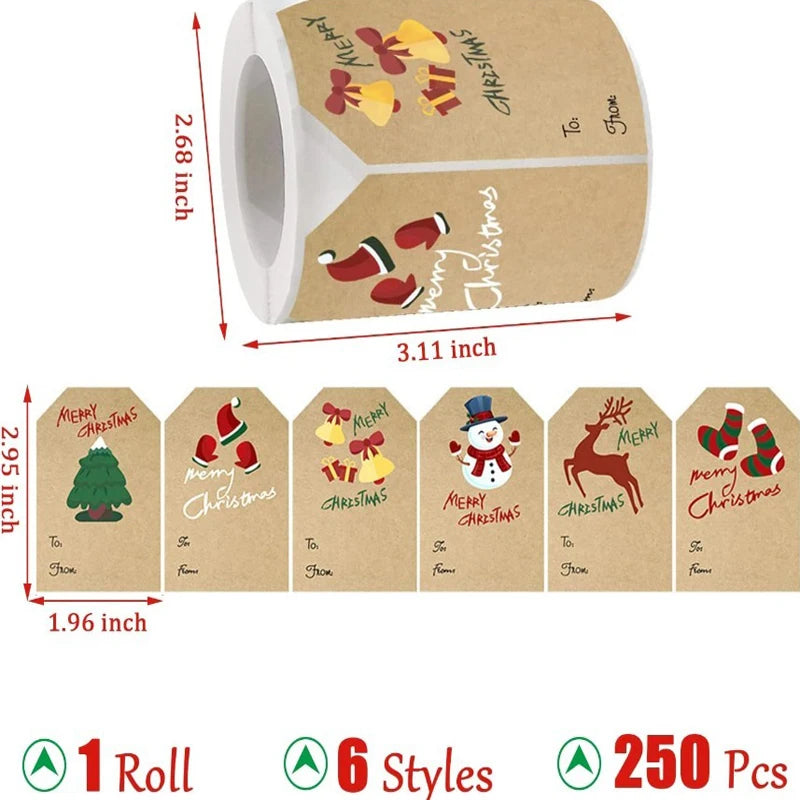 250PCS Christmas Gift Tag Stickers Self-Adhesive for Christmas Presents Labels Sticker Snowmen Xmas Tree Deer Holiday Gift