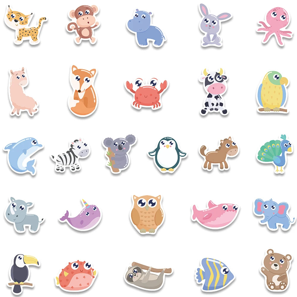 52pcs Cute Cartoon Animals Stickers For Laptop Guitar Luggage Skateboard DIY Waterproof Graffiti Bicycle Car Decals Kids Toy