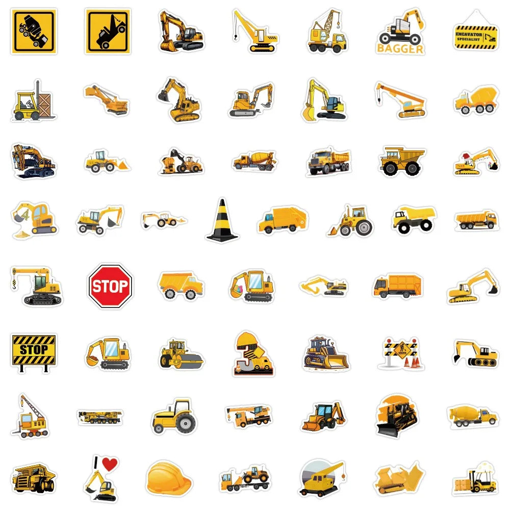 10/55Pcs Cartoon Large Mechanical Vehicle Excavator Construction Truck Waterproof Creative Tractor Bulldozer Graffiti Toy Decals