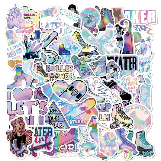 Laser Roller Skate Stickers for DIY Skateboard, Luggage, Water Bottle, Motorcycle, Phone, Laptop - 10/25/50pcs