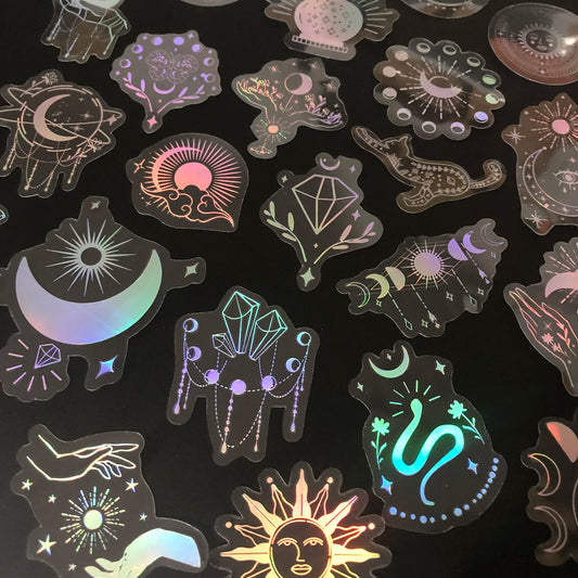 100pcs Waterproof Transparent PET Laser Silver Stickers: Moon, Sun, Diamond, Feather Bohemian Style