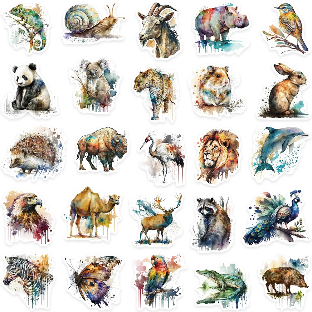 50pcs Aesthetic Watercolor Painting Animals Stickers For Laptop Water Bottle Luggage Guitar Waterproof Graffiti Vinyl Decals