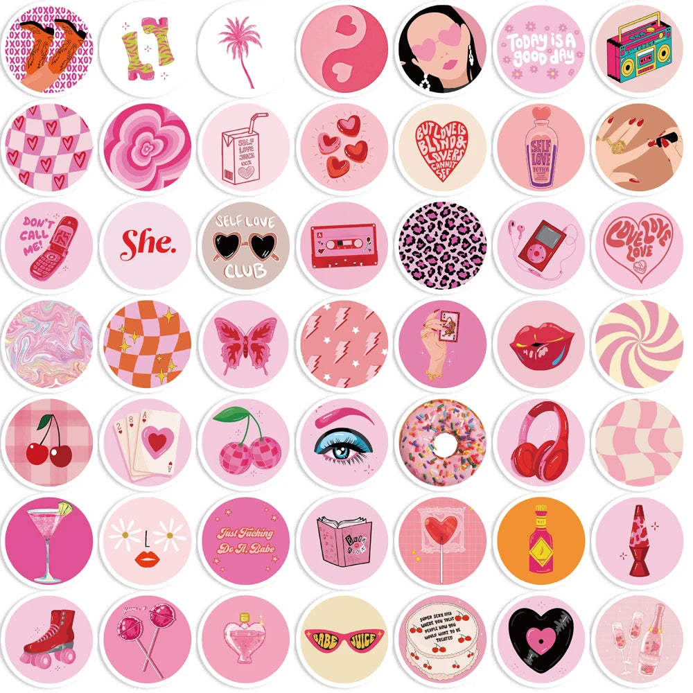 60pcs Pink American Groovy Stickers Aesthetic PVC School Stationery Children Sketchbook Diary Laptop Scrapbook Supplies for Kids