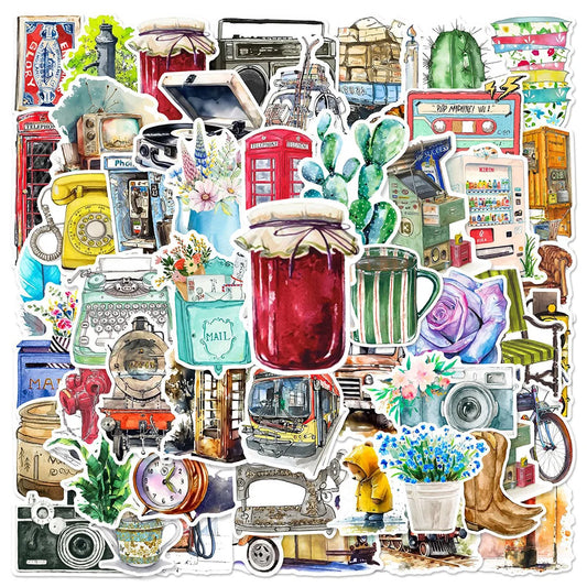 Vintage Watercolor Stickers - Aesthetic Cartoon Decals for DIY, Guitar, Fridge, Skateboard, Graffiti (10/30/50pcs)