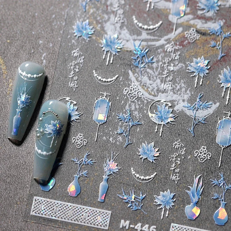Blue Lotus Nail Art Stickers: Retro Bamboo Leaf Decals