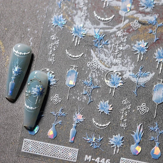 Blue Lotus Nail Art Stickers: Retro Bamboo Leaf Decals
