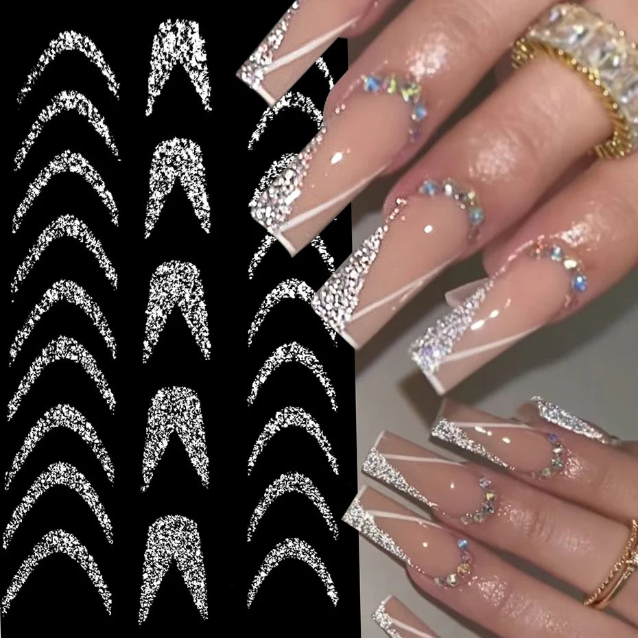 French 3D Nail Decals Stickers Stripe Line French Tips Transfer Nail Art Manicure Decoration Sliver Reflective Glitter Stickers