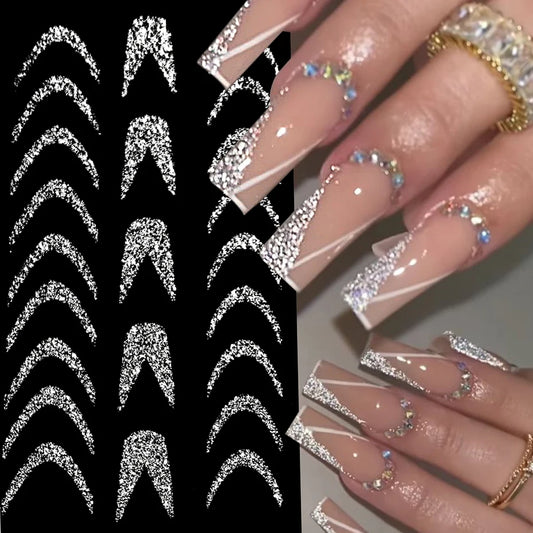 French 3D Nail Decals Stickers Stripe Line French Tips Transfer Nail Art Manicure Decoration Sliver Reflective Glitter Stickers