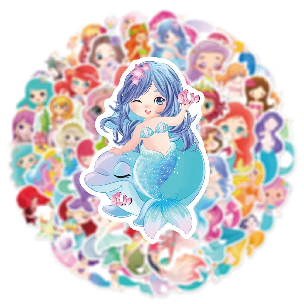 10/30/50PCS Cute Cartoon Mermaid Stickers Kawaii Princess Decals Kids Toy Stationery Fridge Phone Car Guitar Bike DIY Decoration