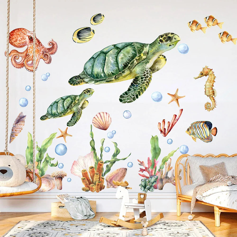 Watercolor Turtle Octopus Wall Sticker Nursery Ocean Coral Sea Horse Decal Decor