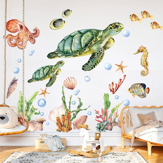 Watercolor Turtle Octopus Wall Sticker Nursery Ocean Coral Sea Horse Decal Decor