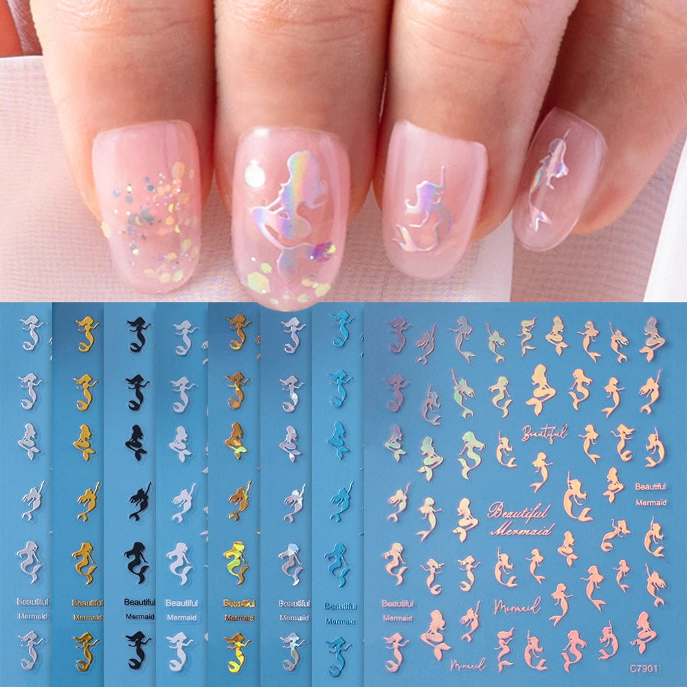 Mermaid Tail Nail Stickers 3D Laser Gold/Silver 8Pcs