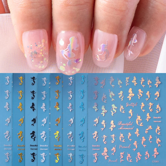 Mermaid Tail Nail Stickers 3D Laser Gold/Silver 8Pcs
