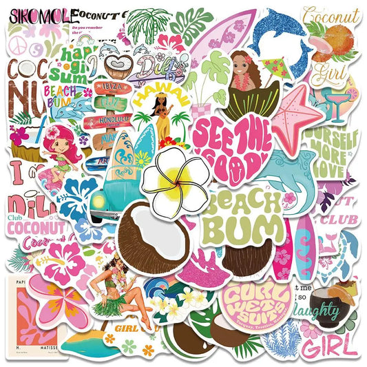 Cartoon Coconut Girl Beach Stickers Pack - Kawaii DIY Luggage Guitar Fridge Laptop Decals