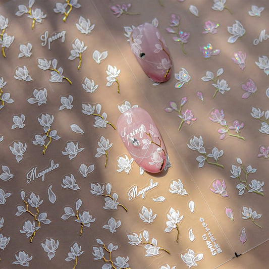 3D Floral Nail Art Stickers: Pink Magnolia & Rose Design
