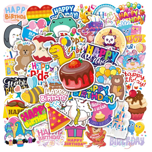 50pcs Cartoon Birthday Graffiti Stickers for Helmet, Wall, Desktop Decoration