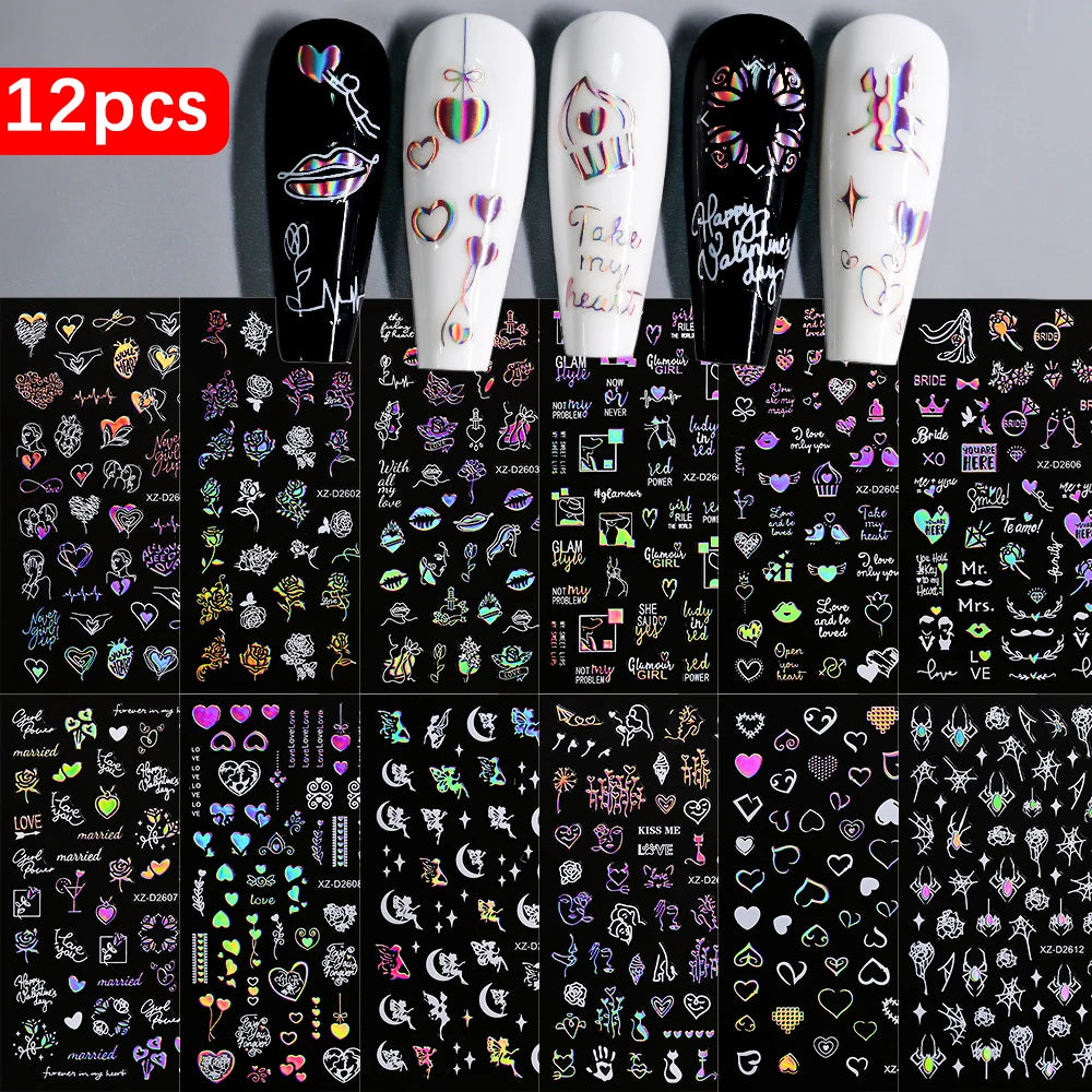 Valentine's 3D Heart Nail Stickers - 12pcs Self-Adhesive Decals