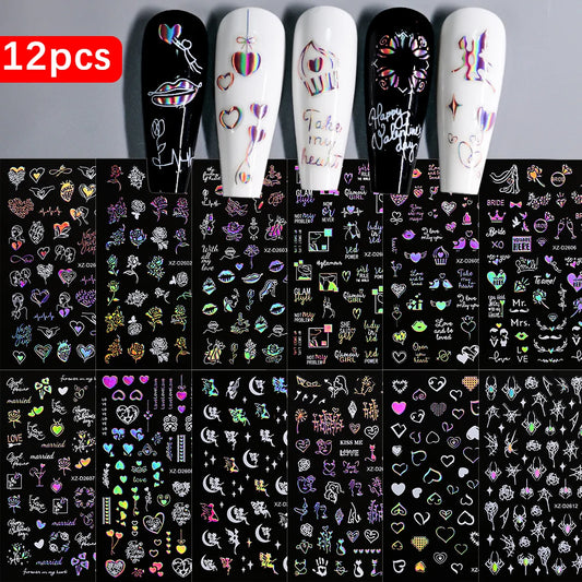 Valentine's 3D Heart Nail Stickers - 12pcs Self-Adhesive Decals