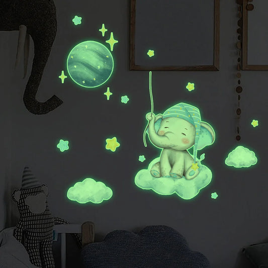 Glow in the Dark Elephant Moon Wall Stickers for Kids Room Decor