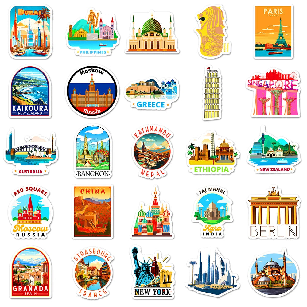 10/30/50pcs Travel City Landmark Building Cartoon Stickers Fridge Laptop Phone Notebook Skateboard Fridge Funny Graffiti Sticker