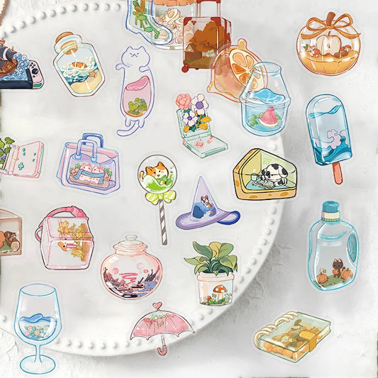 50pcs Clear Glass PET Stickers: Flowers, Plants, Animals