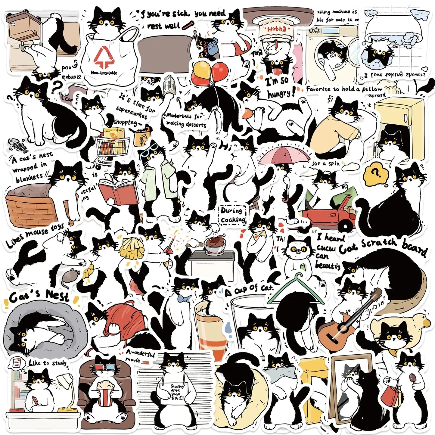 50PCS Cute Cat Cow Stickers Vinyl Waterproof Decals
