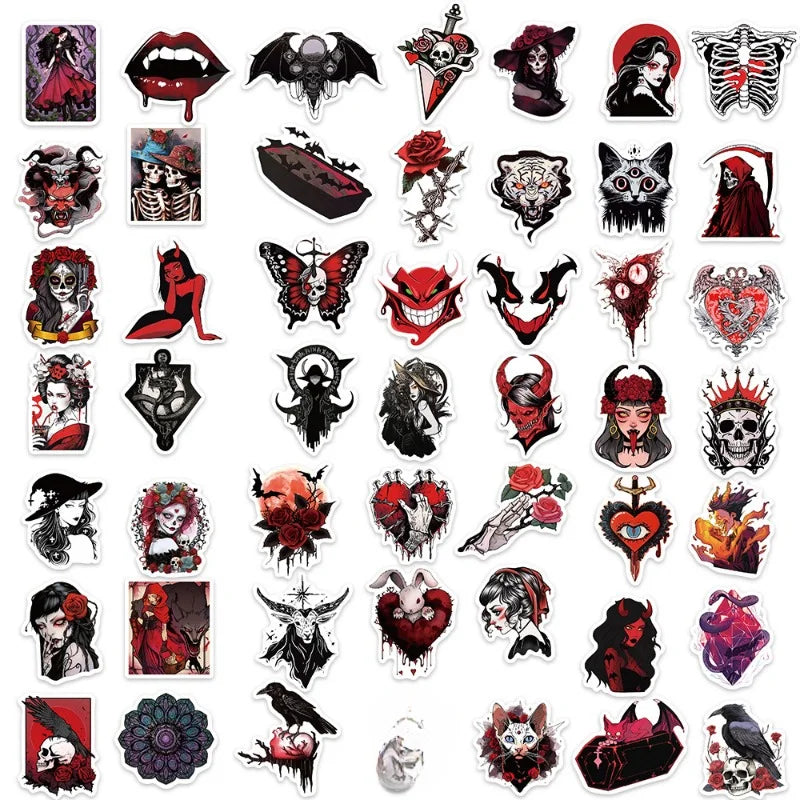 10/25/50pcs Red Gothic Horror Skeleton and Scary Devil Demons Sticker Packs