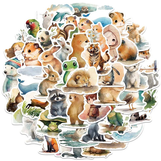 50pcs Cute Cartoon Watercolor Animals Stickers Vinyl Laptop Decals Luggage Water Bottle Notebook Waterproof Graffiti