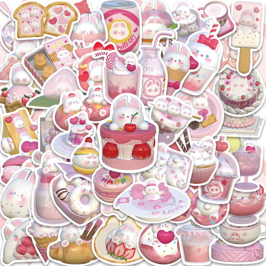 50PCS Cute 3D Pink Strawberry Rabbit Stickers for Laptop, Phone, Scrapbook, Luggage