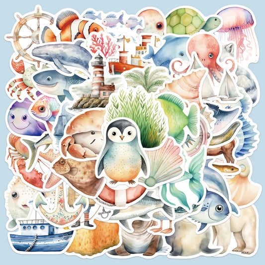 50Pcs Cute Cartoon Animal Watercolor Stickers for Helmet Wall DIY Decor