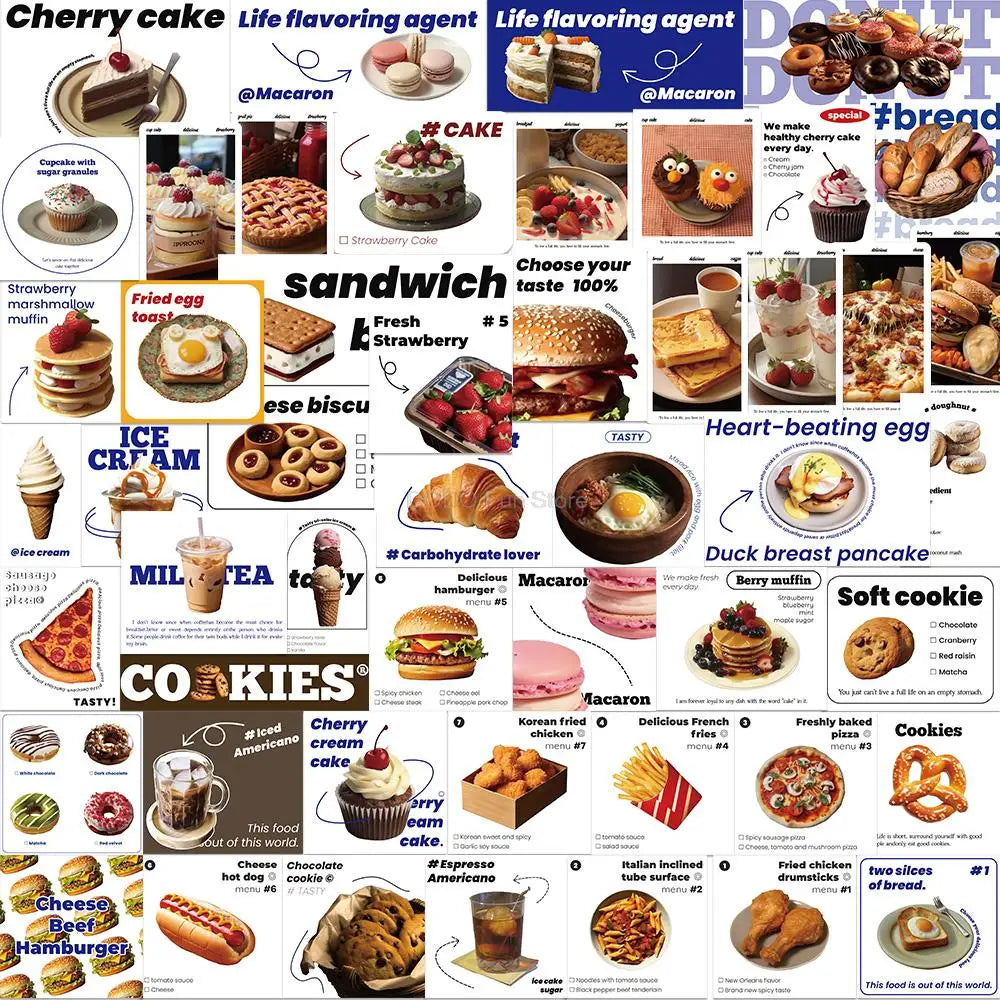 50PCS INS Wind Food Label Sticker Dessert Cake Bread Biscuit Burger Waterproof PVC Decorative Book Desktop Phone Case