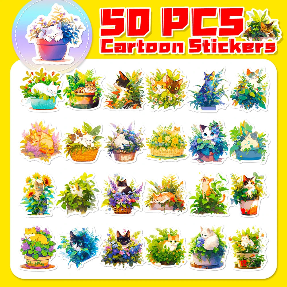 10/30/50PCS Cartoon Plant Cat Stickers Cute Animals Decals Decoration DIY Phone Notebook Laptop Luggage Helmet Car Sticker Toys