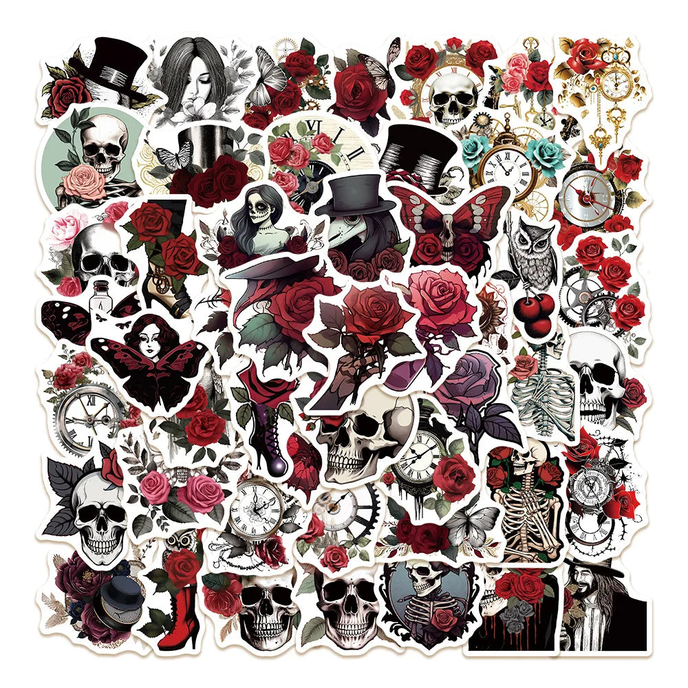 50pcs Punk Rose Skull Graffiti Stickers for Helmet, Wall, DIY Decoration