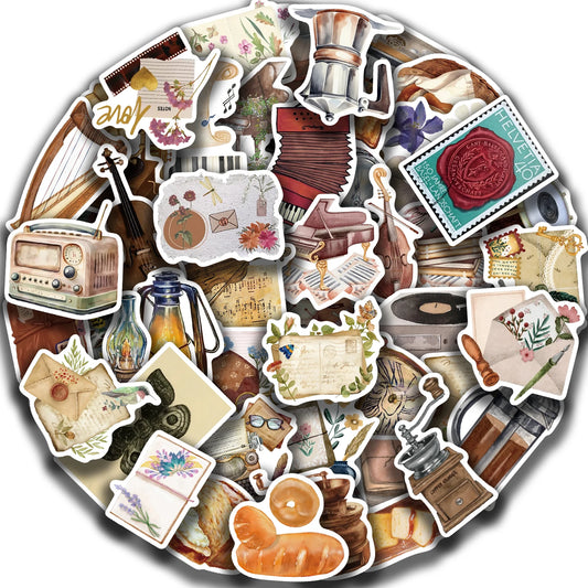50pcs Retro Aesthetic Cartoon Waterproof Stickers Pack