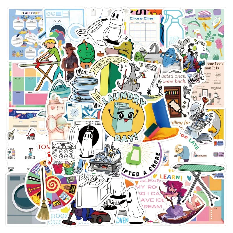 55pcs Cartoon Chore Graffiti Stickers for Suitcase, Water Cup, Phone, Laptop, Scooter, Refrigerator