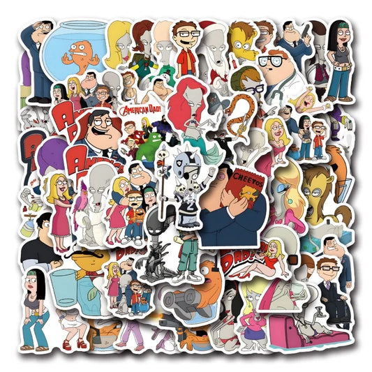 55pcs American Dad Sticker Pack for Luggage, Water Bottles, Phones, Laptops, Scooters, and More