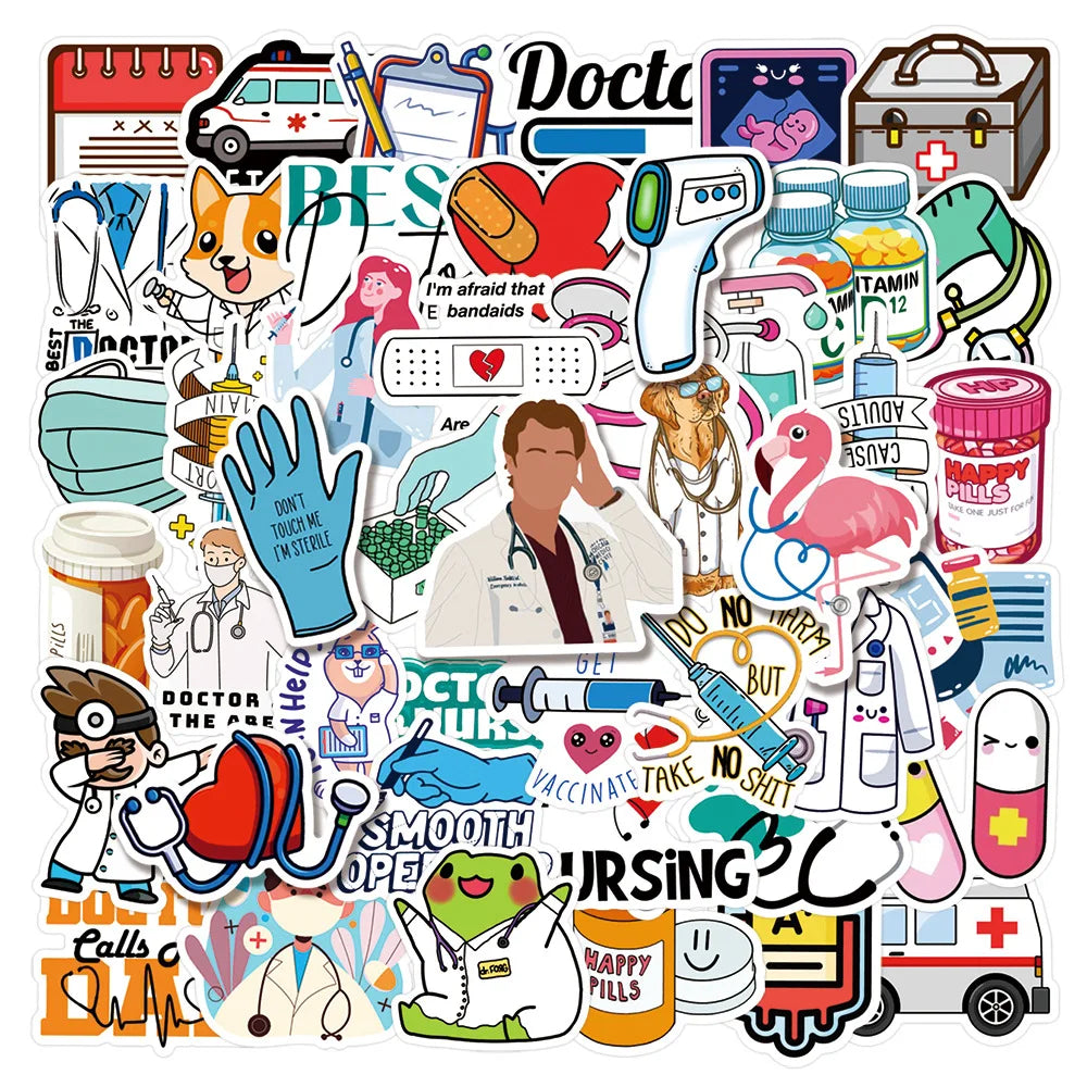 50pcs Cartoon Doctor Medical Stickers for Helmet Wall DIY Decoration
