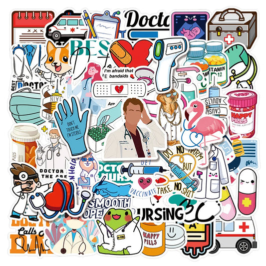 50pcs Cartoon Doctor Medical Stickers for Helmet Wall DIY Decoration