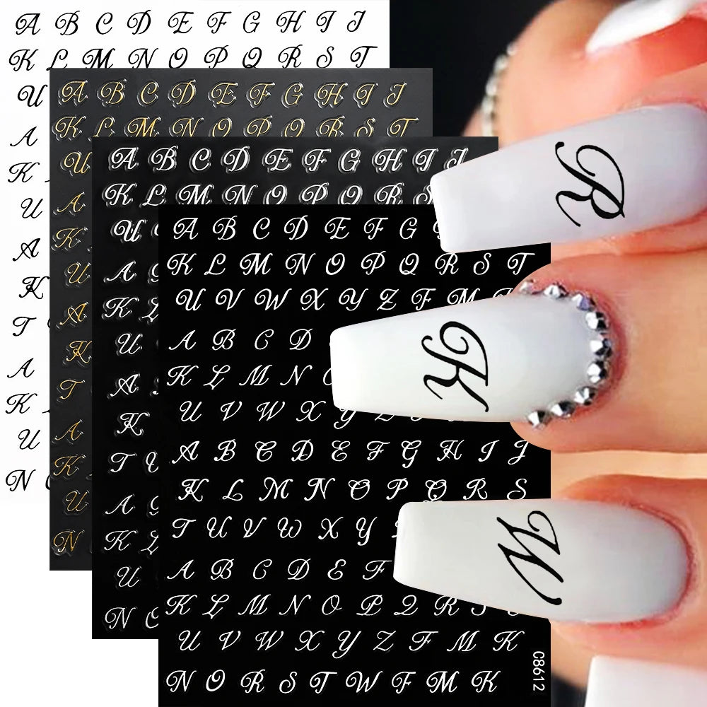 Alphabet Nail Stickers: Gold, Silver, Black, White (4pcs)