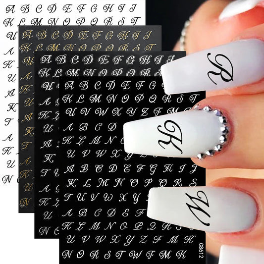 Alphabet Nail Stickers: Gold, Silver, Black, White (4pcs)
