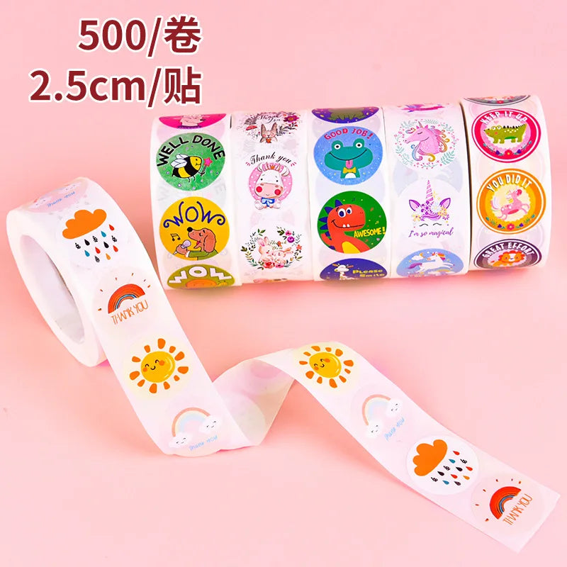 500Pcs Children's Cartoon Animal Stickers Baby Stickers Kindergarten Inspirational Little Red Flower Reward Roll Stickers