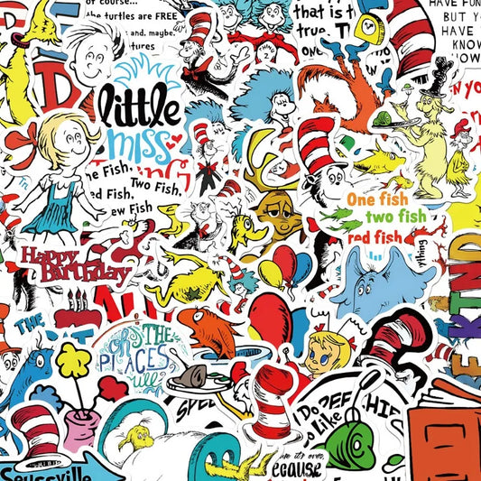 50pcs Doctor Seuss Cartoon Stickers for Luggage, Water Bottles, Phones, Laptops, Scooters, Refrigerators