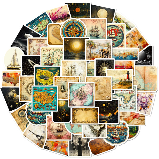 10/50PCS Vintage World Map Stickers Moon Planet Graffiti Decals DIY Skateboard Fridge Guitar Laptop Travel Luggage Cool Sticker